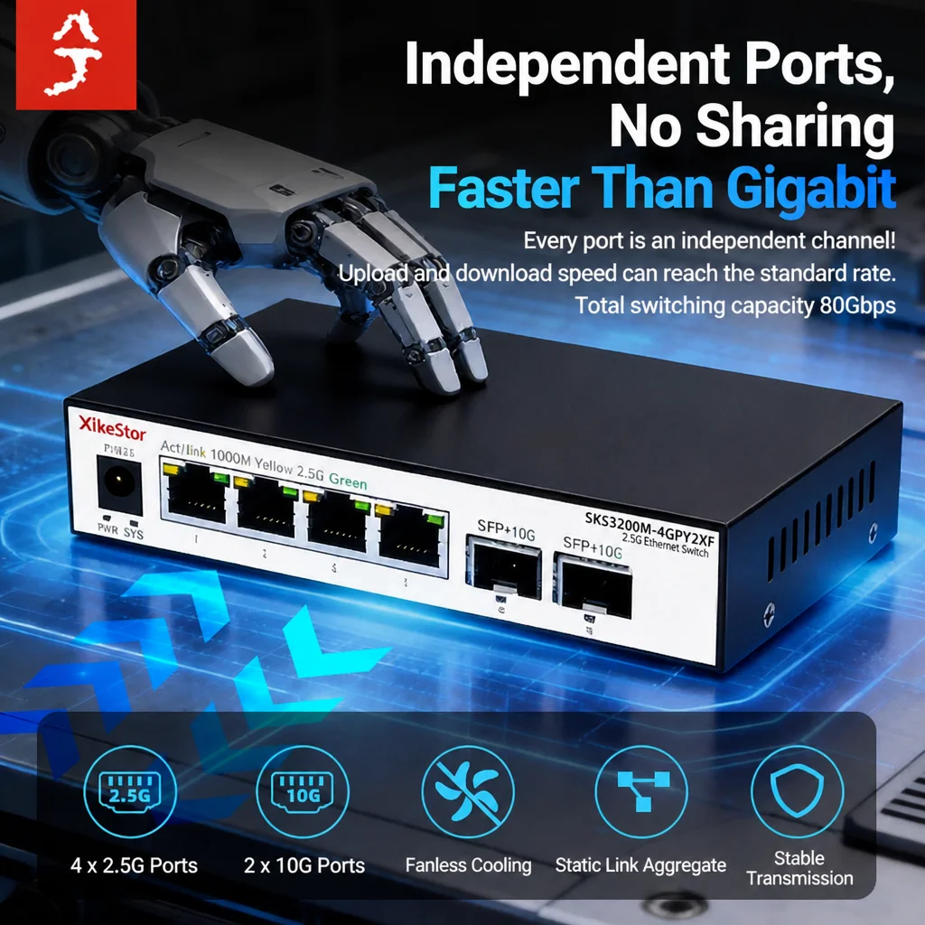 Xike 4-portowy przełącznik zarządzany 2.5G z 2 portami 10G SFP+, interfejs webowy, obsługa agregacji połączeń VLAN, obsługa światłowodowych portów 2.5G i 10G SFP do sieci domowej. — zdjęcie produktu 3
