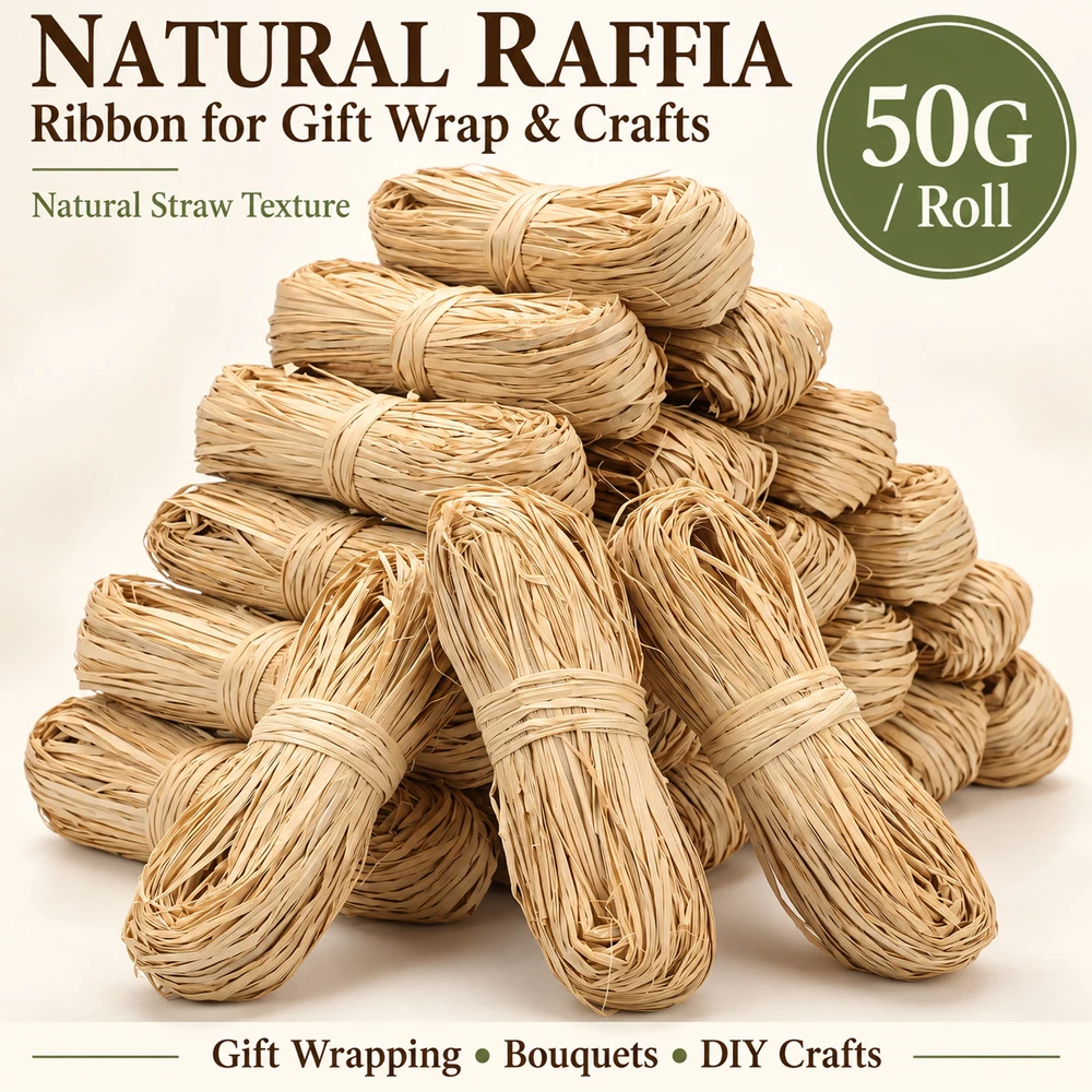 Natural Raffia Ribbon - Raffia Yarn for Gift Wrapping & Crafts Rafia Grass Twine String Wrap, Christmas Halloween Ribbon