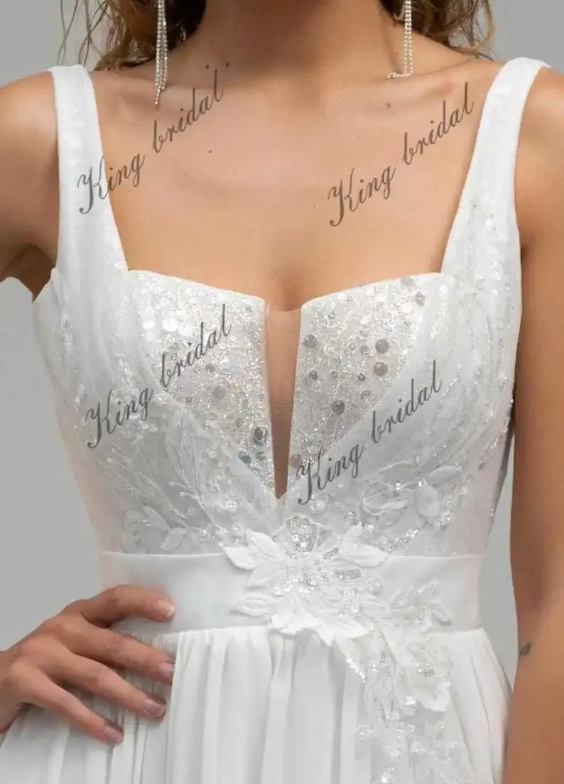 Шифоновое свадебное платье с разрезом, свадебное платье с открытой спиной, вышитое кружево с V-образным вырезом, пляжные свадебные платья в стиле бохо, свадебное платье на заказ