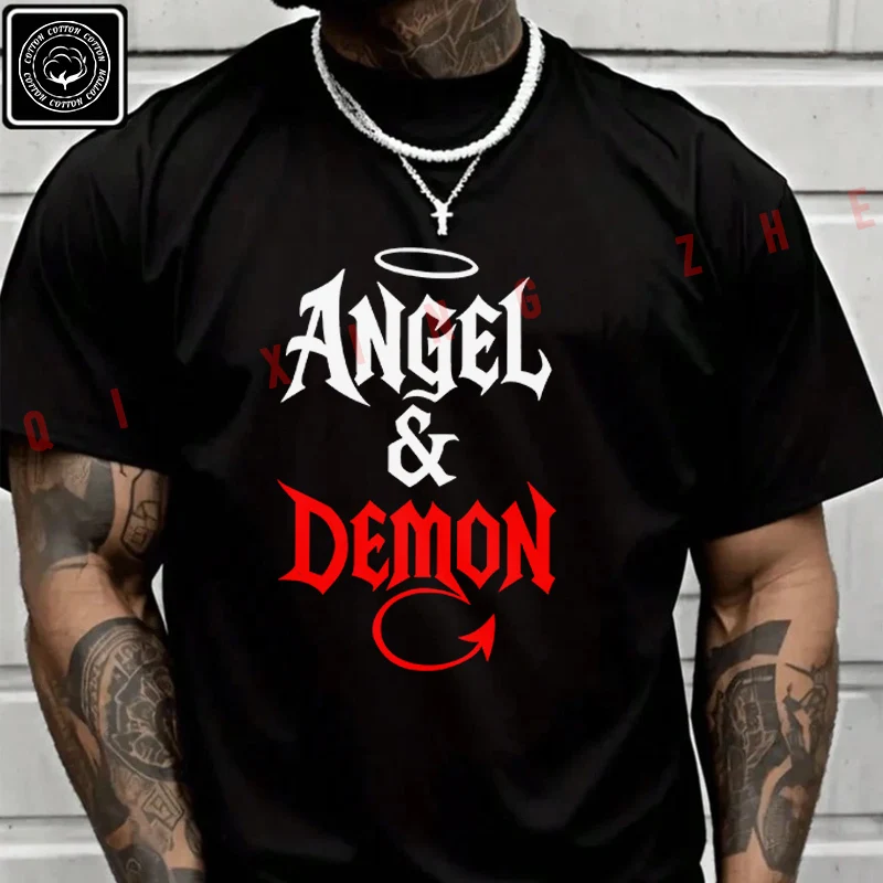 2026 Men T Shirt Angel & Demon Graphic Motorcycle T-Shirt Cotton Men‘s Summer Short Sleeve Tops Tee