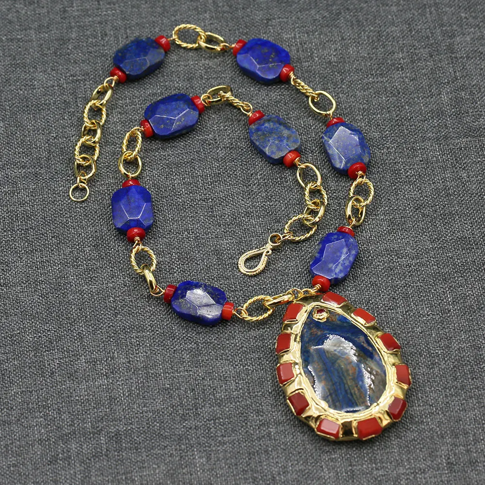 GG Natural Blue Lapis Lazuli Red Coral Golden Chain Necklace Blue Ocean Jasper Paved Red Jade Pendant For Noble Lady