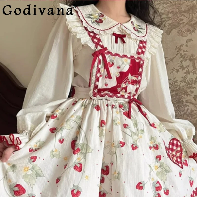 Lente Herfst Zoete Lolita Aardbei Borduren Lange Mouw Dun Shirt Schattig Meisje Leeftijdsreductie Losse Peter Pan Kraag Shirts