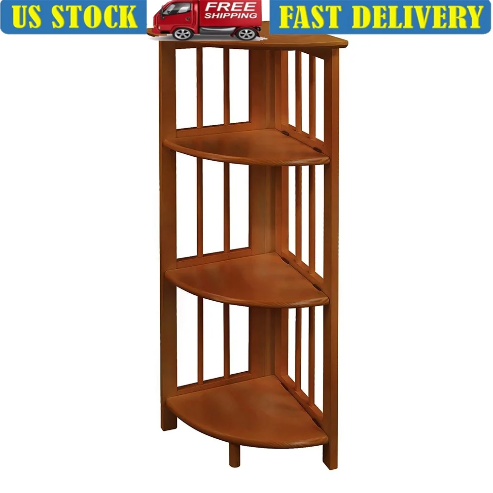 

Wooden Corner Folding Bookcase 4 Shelf Storage Unit Contemporary Design Solid Wood Adjustable Shelves Home Office Furniture
