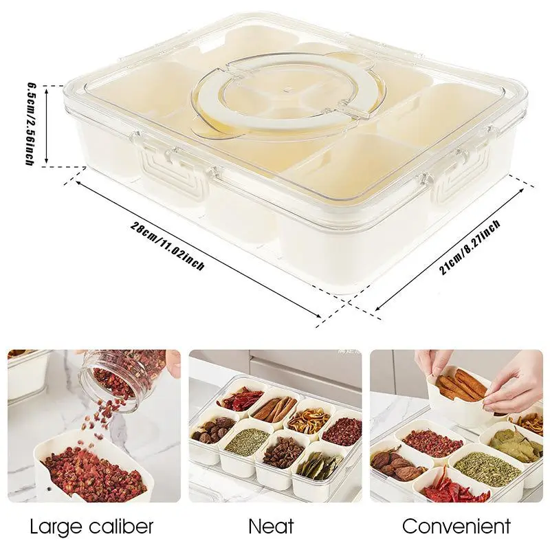 8 Grids Divided Serving Tray Storage Box Kitchen Portable Sub-format Seasoning Separator Box Fresh-keeping Snack Fruits Food Box