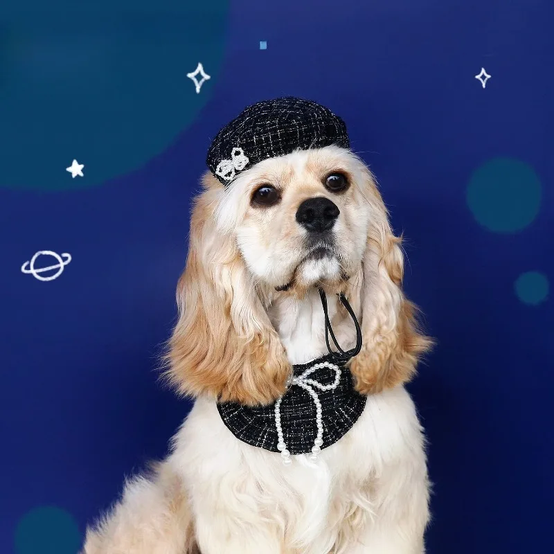

2025 New Woven Fashion Pet Pearl Bow Beret Lace Princess Bib Scarf for Cats and Dogs