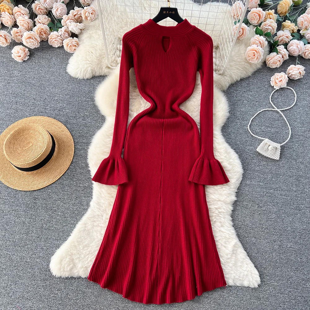 Croysier Herfst Winter Jurken Vrouwen Kleding 2023 Lange Flare Mouw Elegante Gebreide Jurk Ronde Hals Uitgesneden Casual Midi Jurk