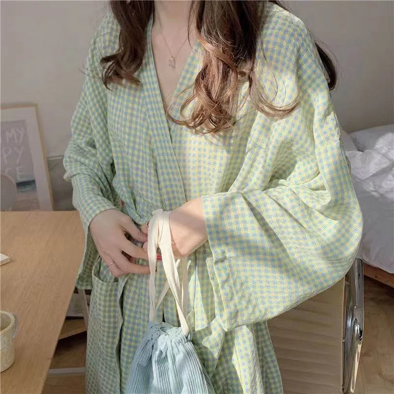 Abito scozzese per donna con cintura pigiameria camicia da notte autunno notte indossa camicia da notte pigiama verde manica lunga Homewear giapponese 2023