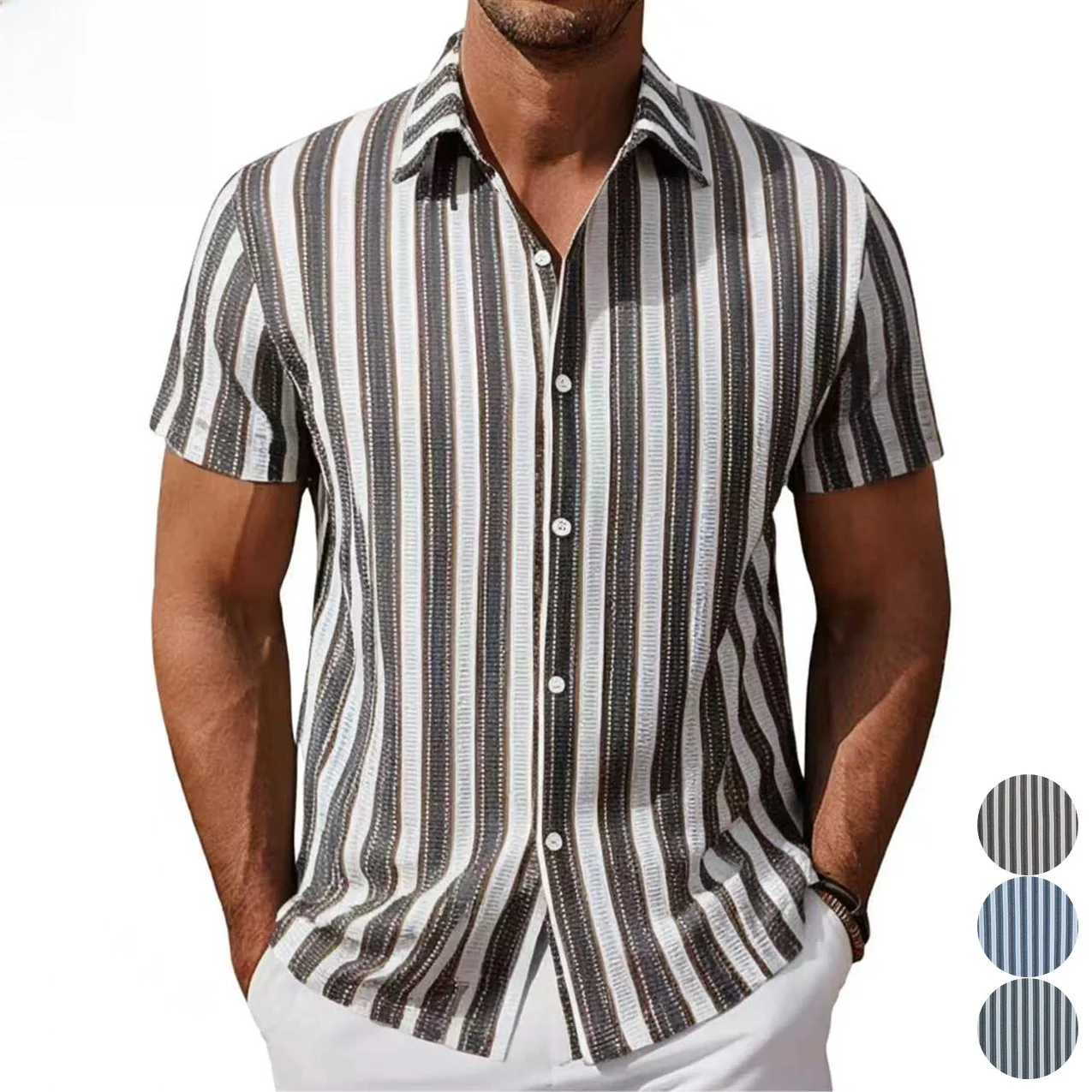 

Men's Casual Beach Shirt Short Sleeve Color Woven Striped Collared Shirt Street Style Polyester Summer 2023 China Made