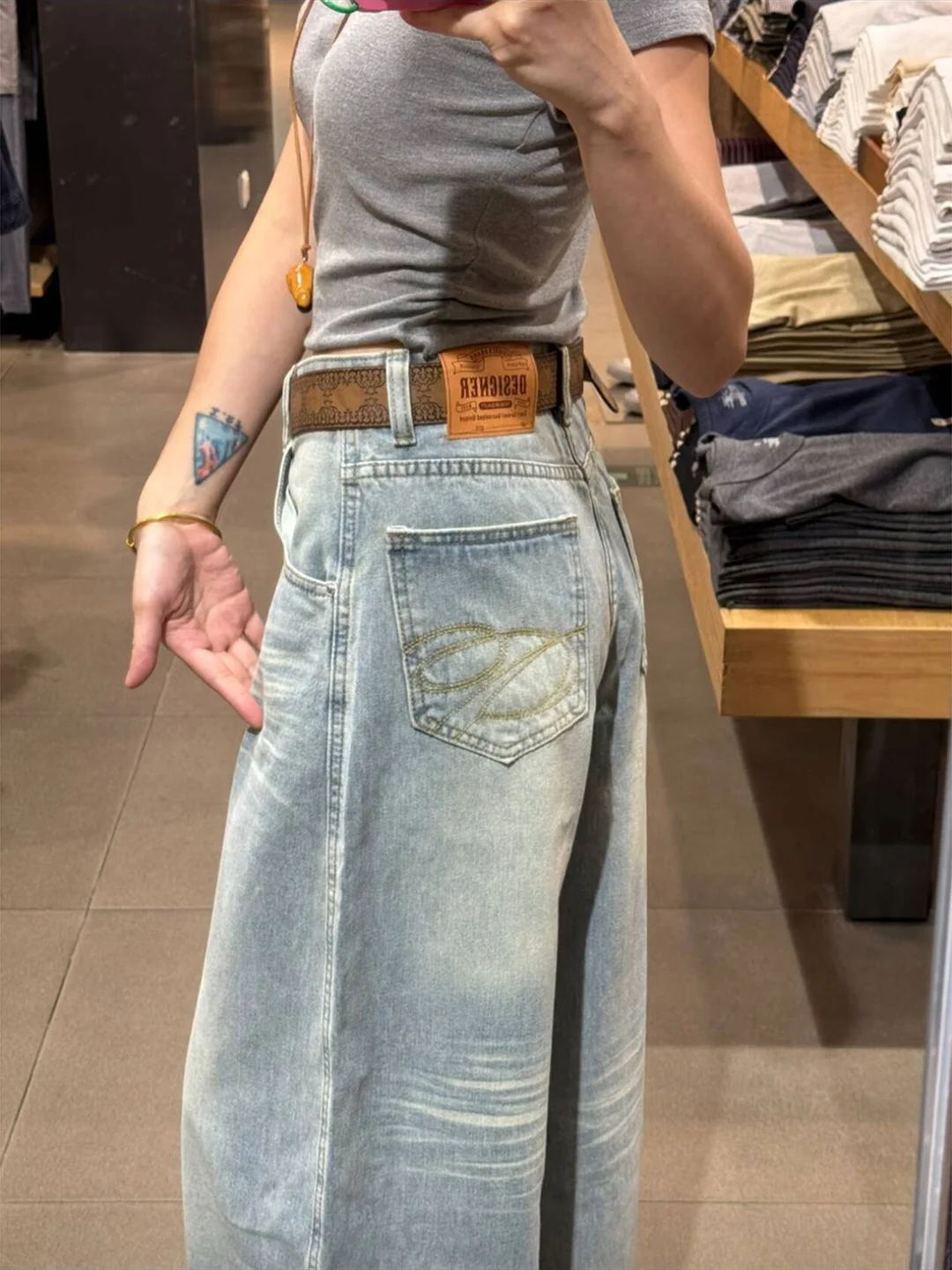 

Ретро-джинсы в американском стиле с вышивкой, свободные прямые брюки с широкими штанинами, синие повседневные брюки для мужчин и женщин