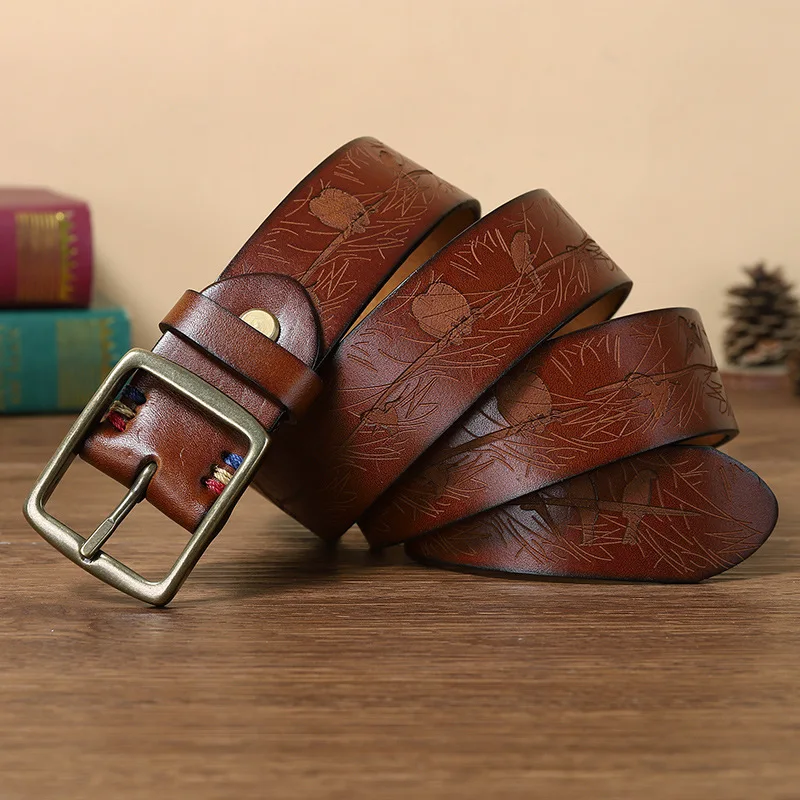 

Hand Carved Patterned Genuine Leather Belt Men's Cowhide Personality Fashion Casual Pure Copper Needle Buckle Pants Strap Belts