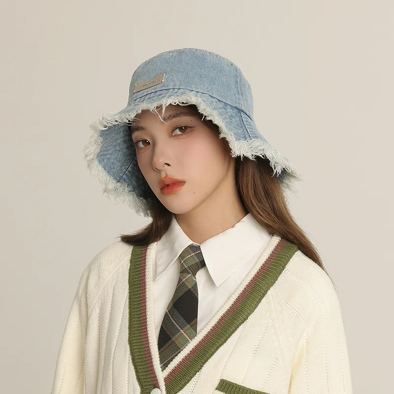 Fashion Washed Raw Edge Denim Bucket Hats for Women\'s Summer Beach Travel Foldable Sunshade Fisherman Hat for Men Fishing Caps