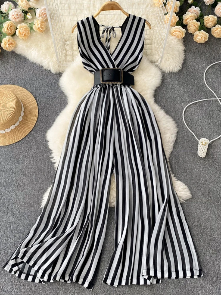 Women Chiffon Striped Jumpsuits Summer Sexy V-neck Sleeveless Elegant Wide-leg Long Pants Playsuits Ladies Dot Romper Overall