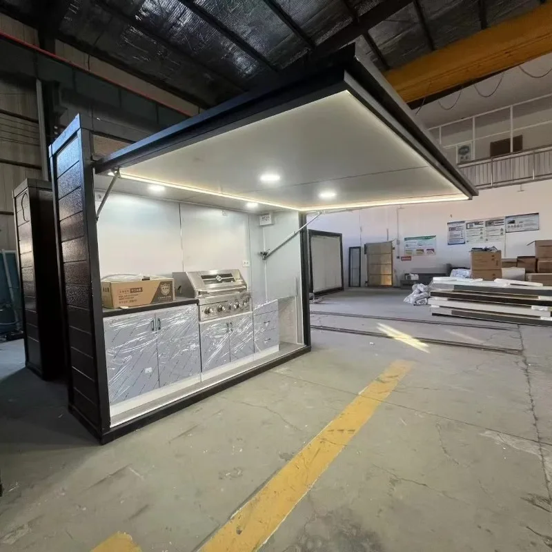 Custom Modular Backyard Kitchen Island, Black Metal Mobile Stainless Steel Unit with Gas BBQ Pavilion Shed