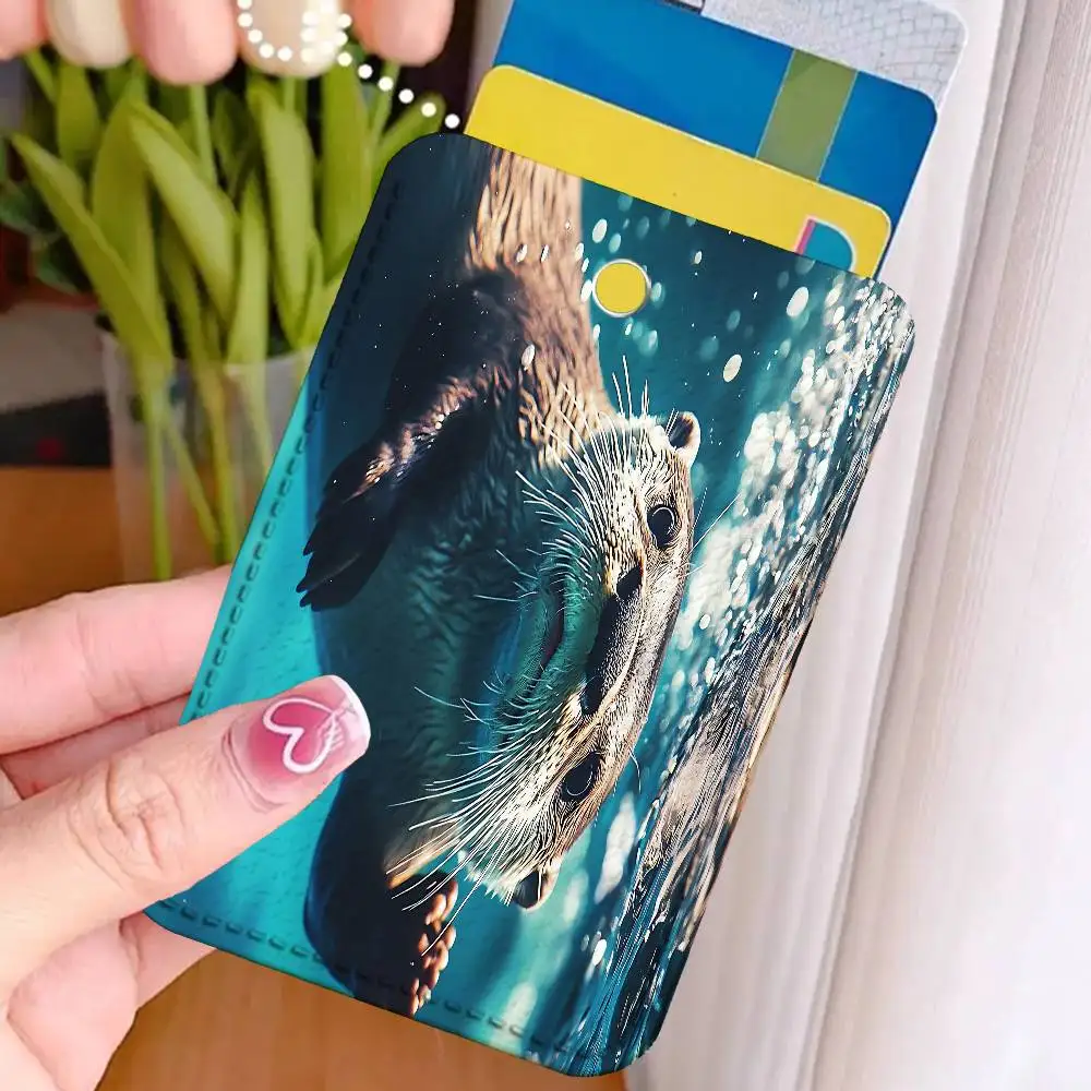Cute Animals Sea Otters Custom Access Card Case Leather Card Holder Transportation Card Case
