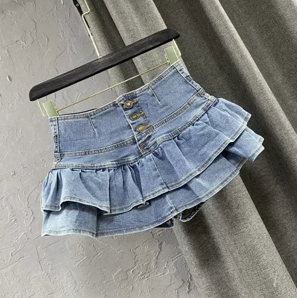 High Waist Single-Breasted Ruffles Cake Denim Skirt for Woman, 2026 Fashion Sexy Cute Mini Skirts, Black Blue
