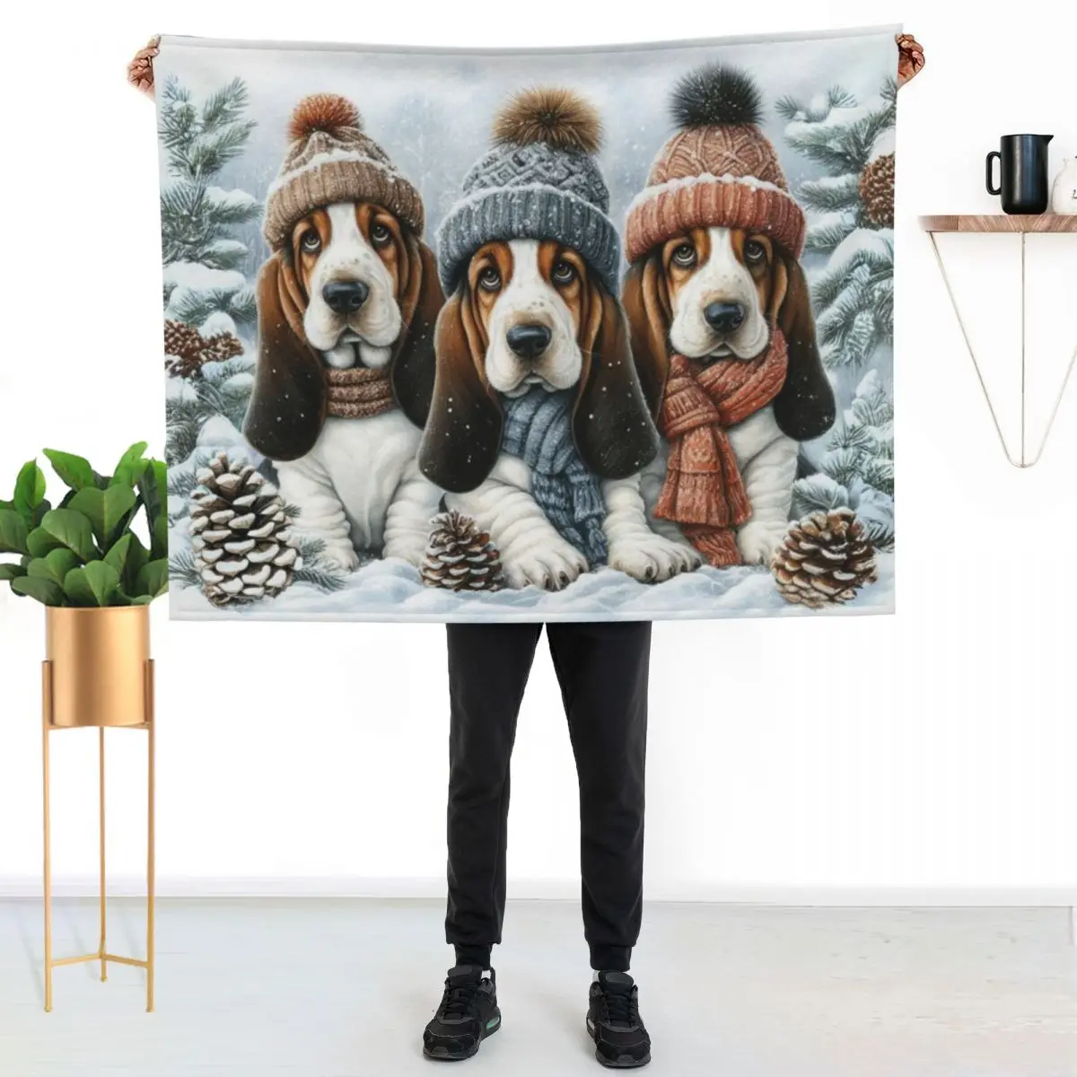 

Basset Hound Puppies in Winter Hats and Scarves Throw Blanket Cozy Napping Blanket Gift for Mom Dad