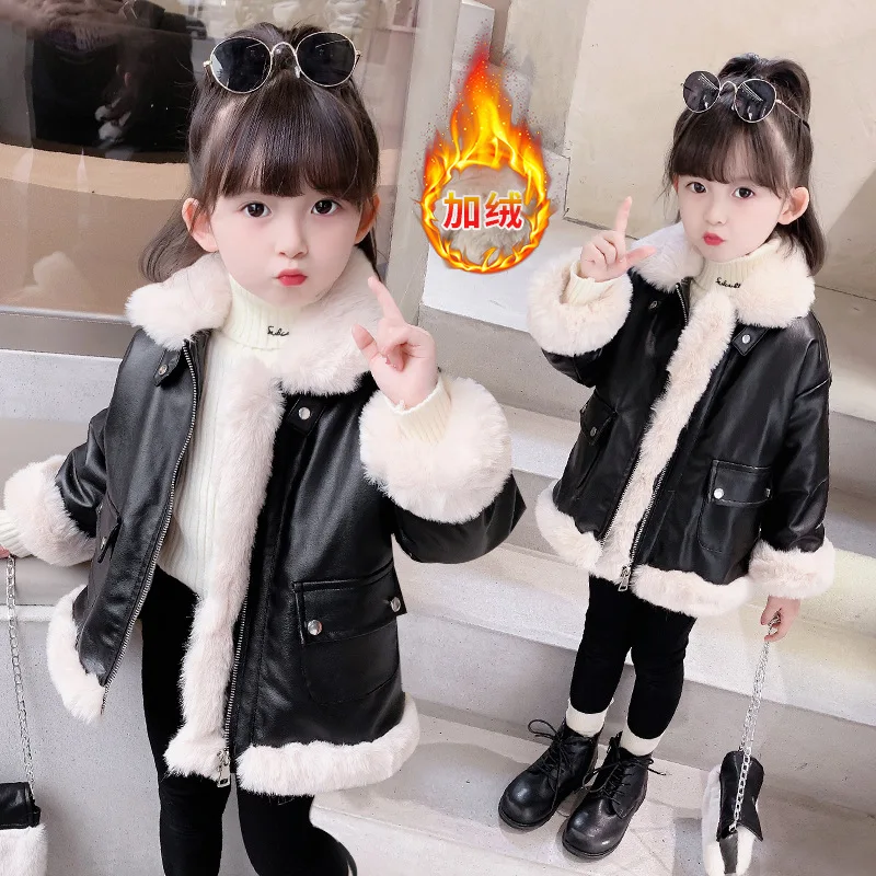 Girls Coat Jacket Cotton Outwear Overcoat 2022 PU Warm Thicken Plus Velvet Winter Autumn Teenager Children\'s Clothing