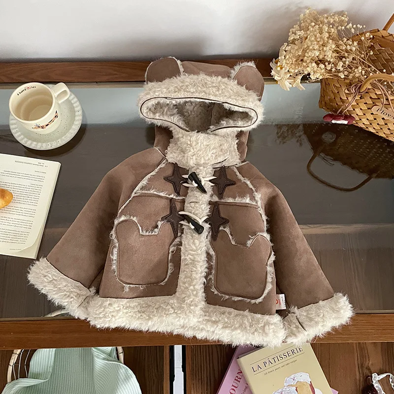 

2025 Winter Toddler Girls Integrate Jacket Hooded Plus Fleece Toddler Girls Brown Parkas Windproof Infant Girls Outerwear Coat