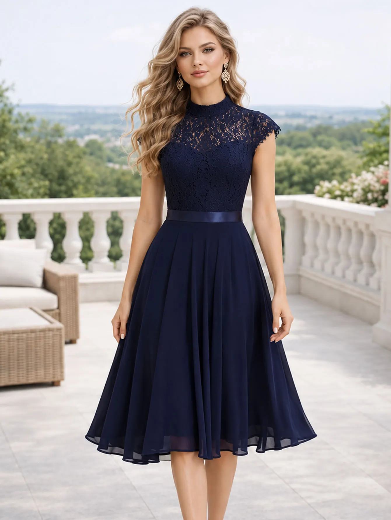 Womens Womens Lace High Neck Cap Sleeve Cocktail Knee Length Solid Color With Satin Waist Belt Formal Wedding Party Dress - Aliexpress Deal