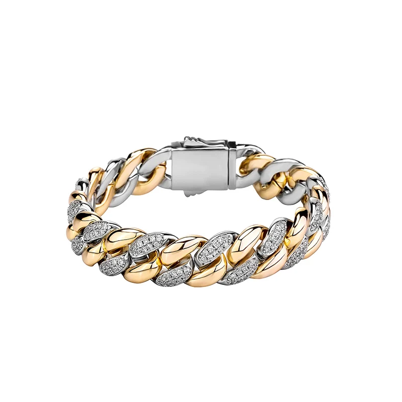 

HIP HOP 3A CZ Stone Paved Bling Iced Out Two Tone Round Cuban Link Chain Bracelets for Men Rapper Jewelry Drop Shipping