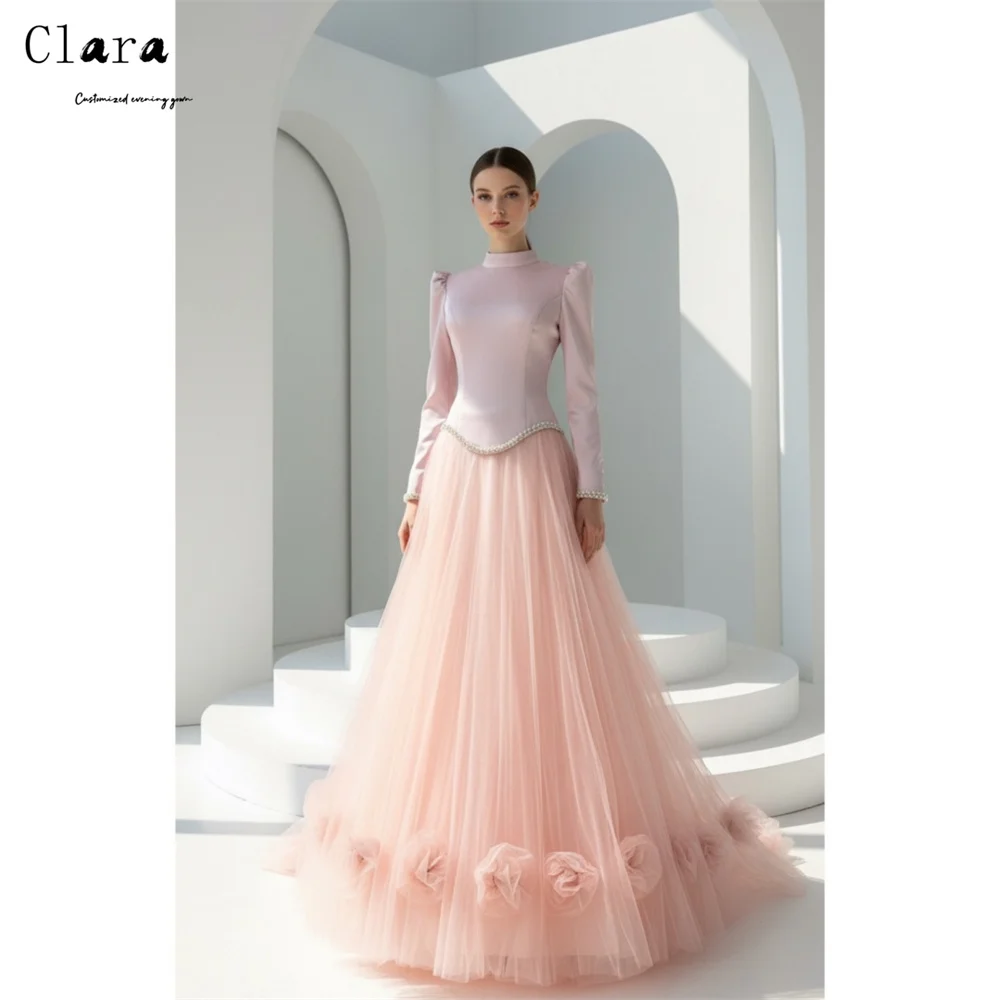 

Clara Custom Pink Round Neck Long Sleeves A Line Elegant Evening Dresses for Woman Luxury Women's Elegant Party Dresses 2026