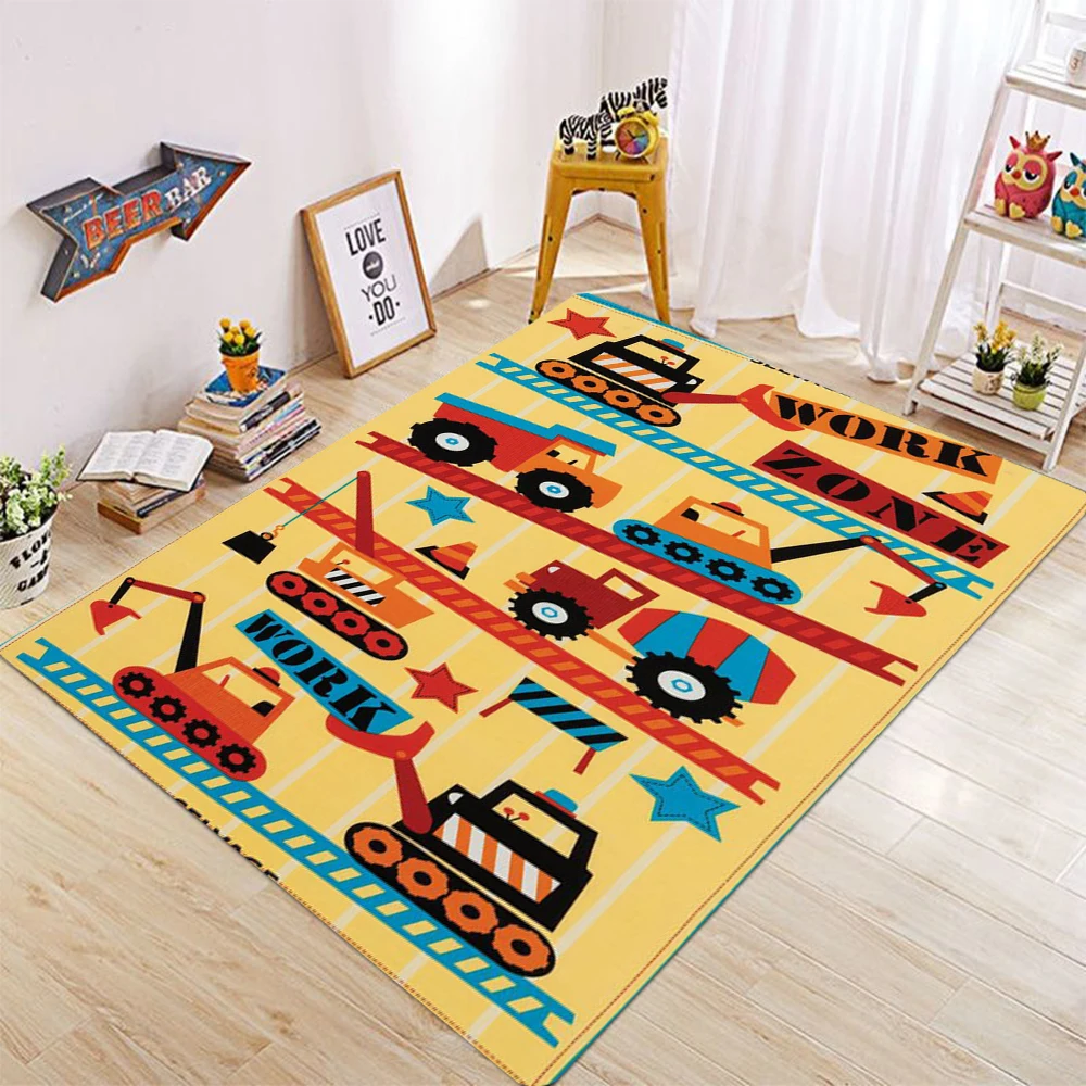 Cartoon Excavator  Printed Carpet,  Favorite Engineering Vehicle Theme Home Decoration Props Anti Slip