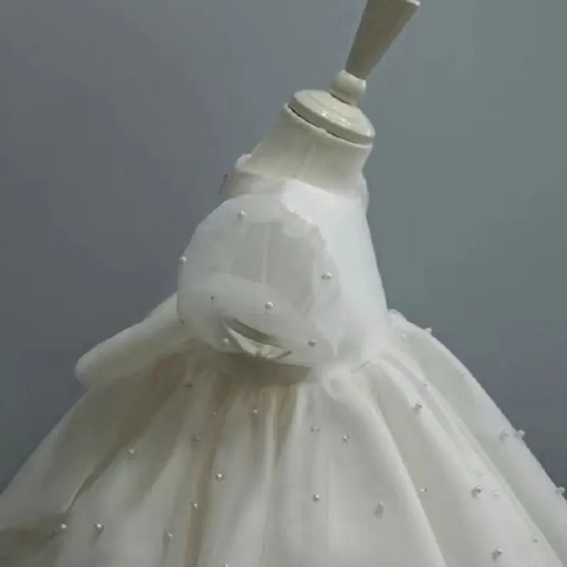 Vestido pérola vintage com manga folhada para meninas, vestido de tule, vestido tutu para festa de casamento e aniversário, roupas elegantes para crianças de 1 a 10 anos