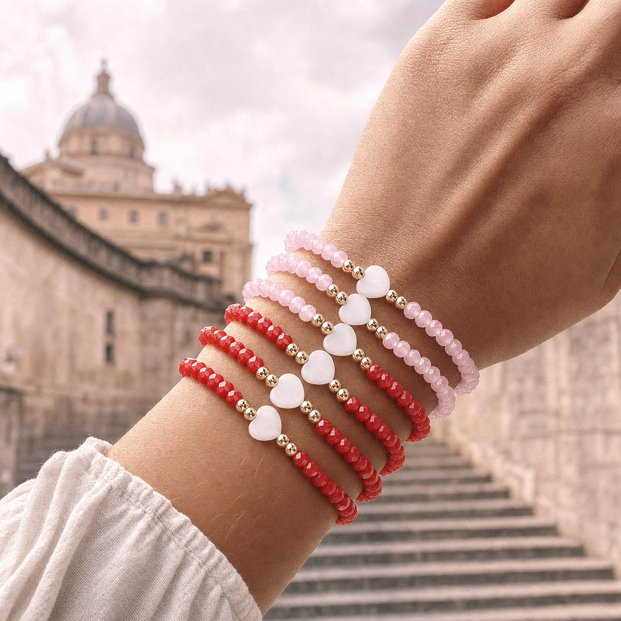 6pcs Glass Beaded Bracelet with White Heart Charm Pink Red Gold Tone Copper Romantic Style for Women Vacation Jewelry