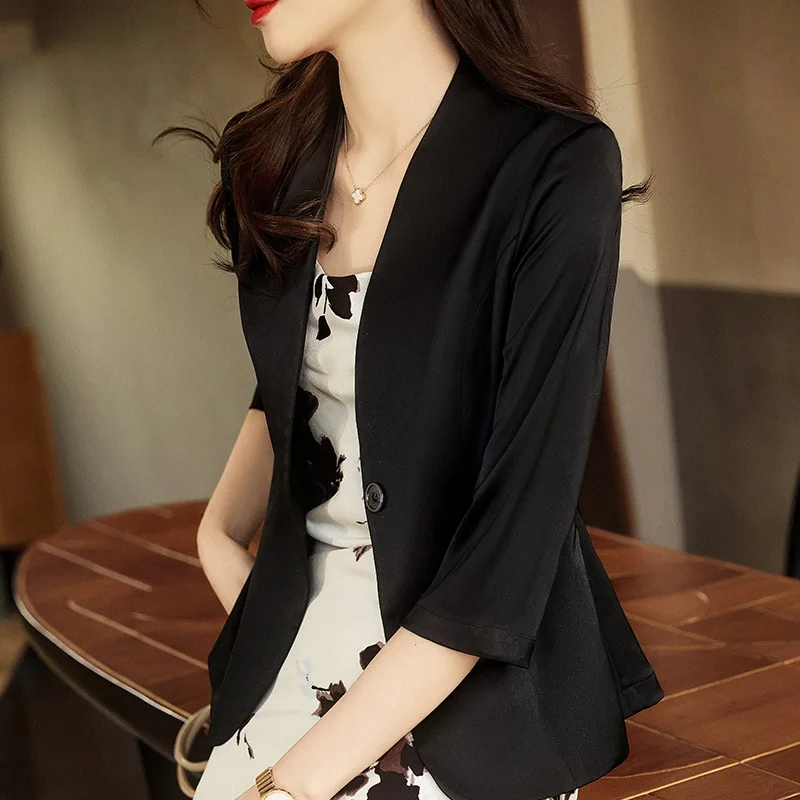 Women Satin Silk Suit Coat Three Quarter Solid Single Button Female Blazer Jacket Elegant Temperament Office Ladies Outerwear