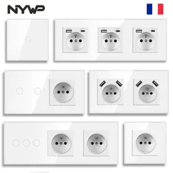 NYWP Touch Switch French Wall Socket Led Wall Light Switches 1/2/3Gang 1Way Glass Backlight Phone Charge USB France Sockets