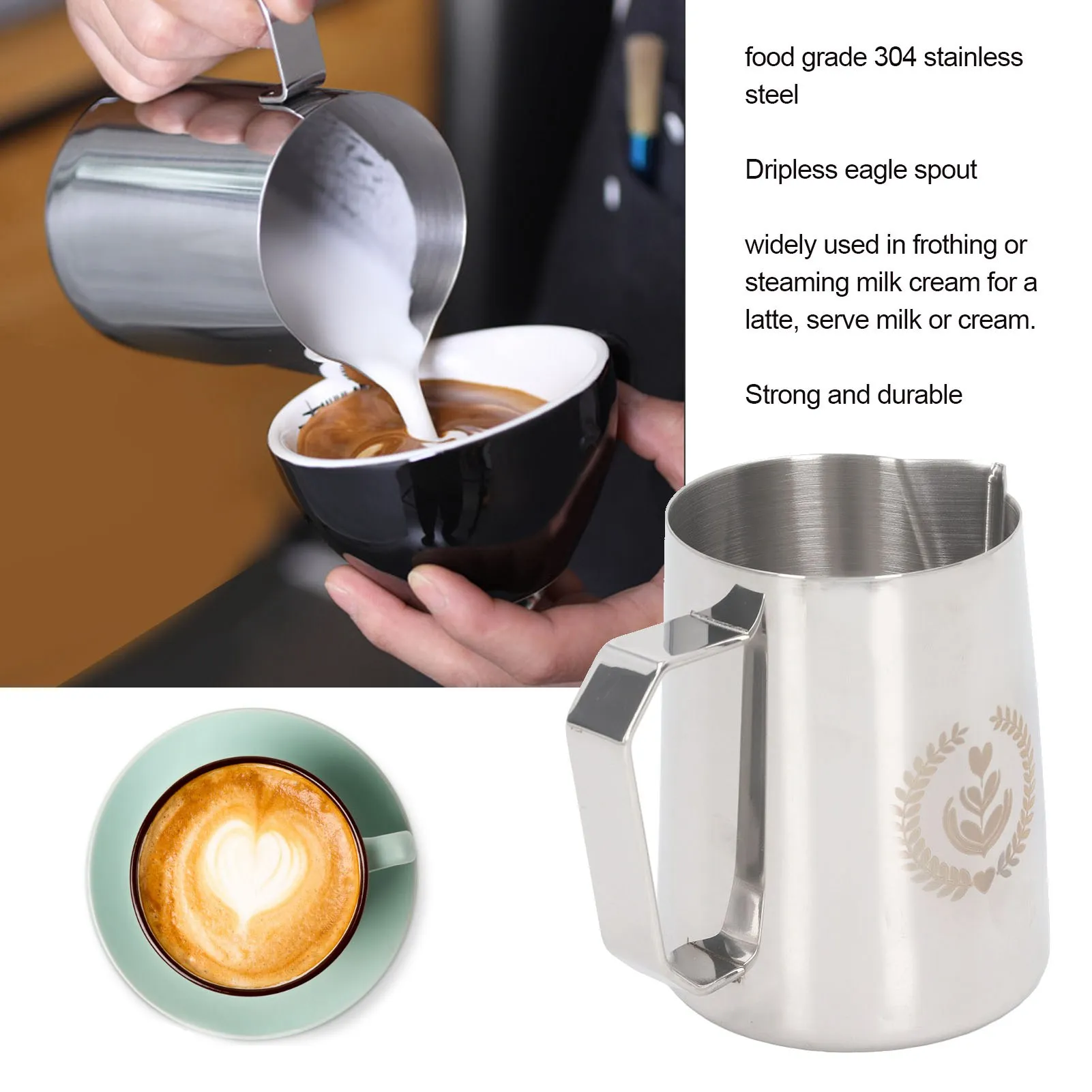 

450ml Milk Frothing Pitcher Stainless Steel Coffee Frother Jug Milk Steaming Cup Pot for Coffee Drinks Home Barista Accessory
