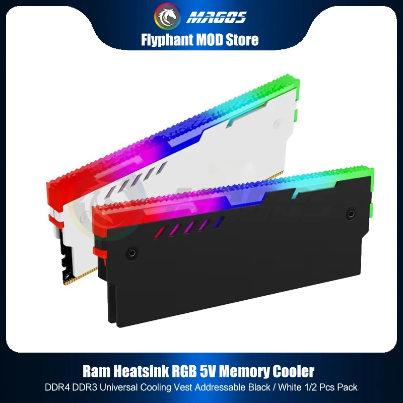 Computer Memory Heatsink RGB Ram Cooler RGB DDR4 DDR3 Armor Shell Vest 5V Addressable Led, Black/White 2Pcs Pack