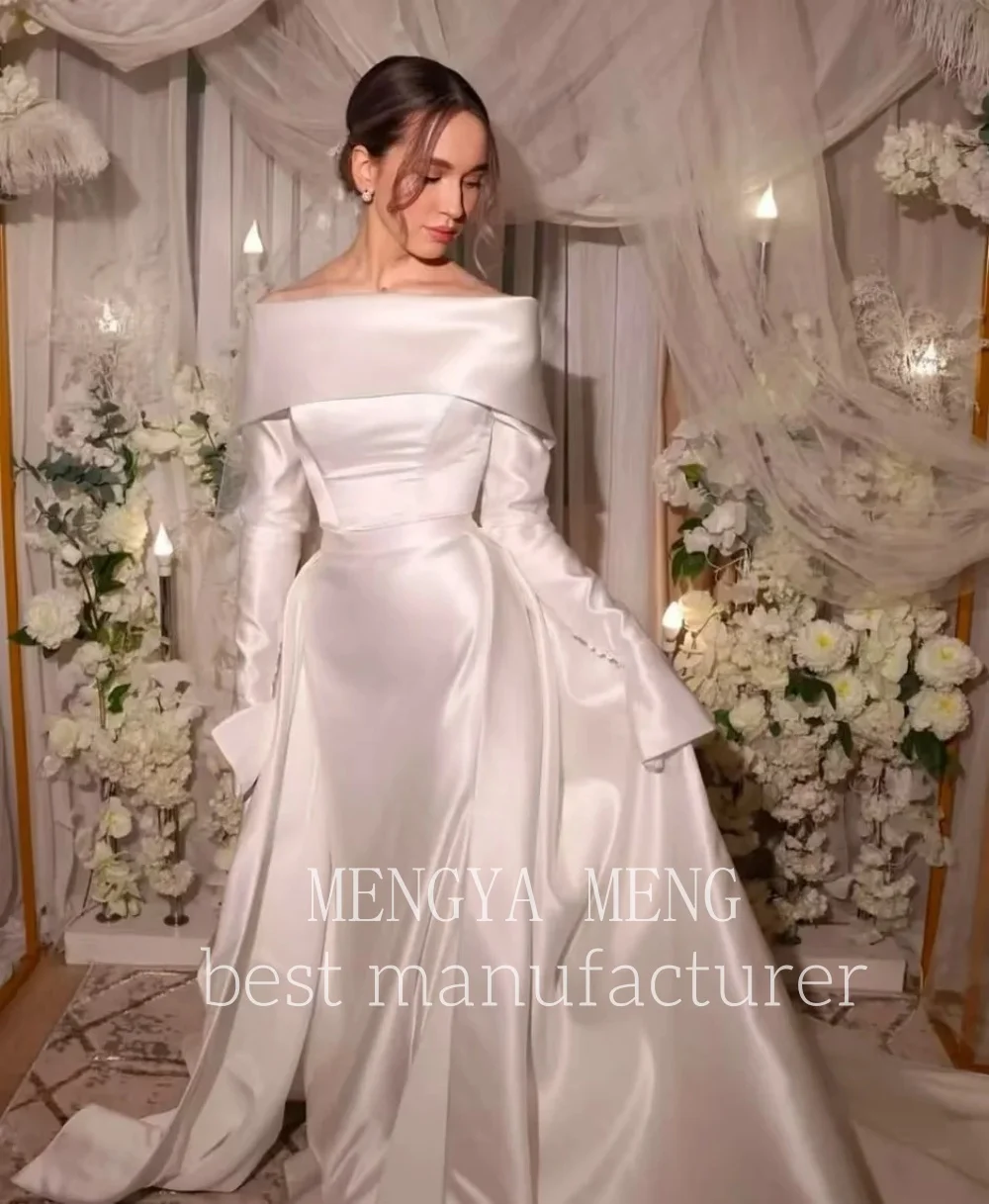 ZHUISHU Luxury Off Shoulder Full Sleeves Wedding Dresses Floor Length Pleats Silk Bride Gowns Modest Arabic Gowns Customized