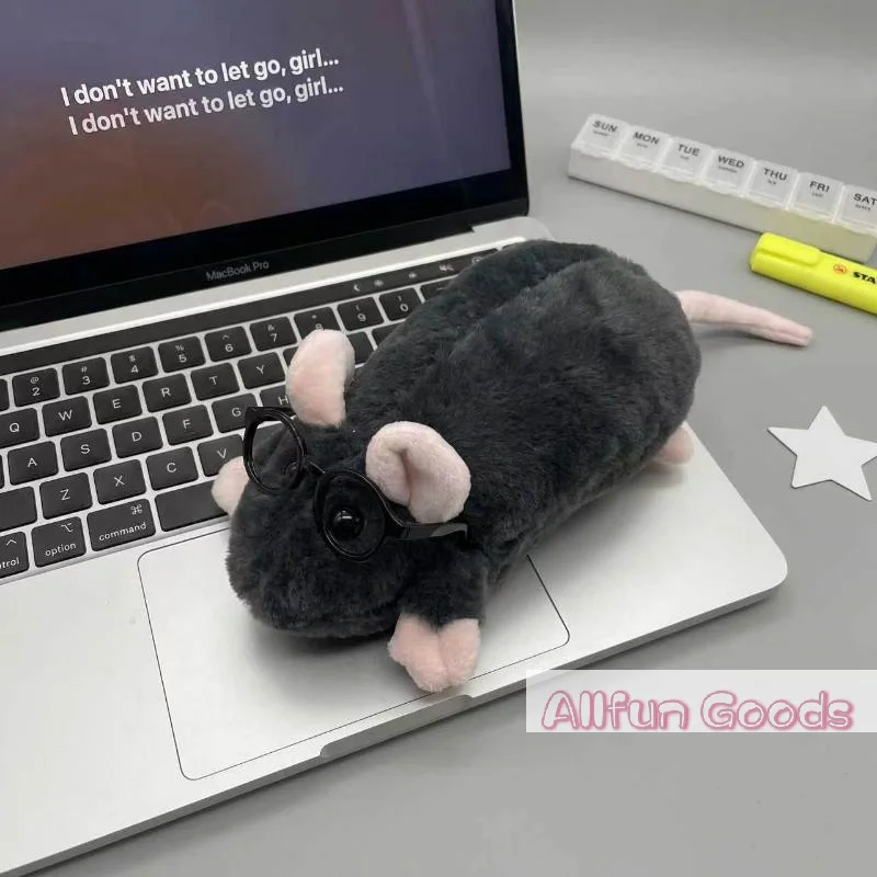 1Pcs Cute Flower Branch Rat Plush Pencil Case Makeup Bag Large Capacity Portable Animal Stationery Storage Pouch Zipper Closure