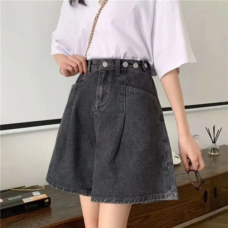 High Waist Wide Leg Jeans Shorts Women's Summer New Style Korean Loose Thin Cotton Straight Loose Slimming Five-Quarter Shorts