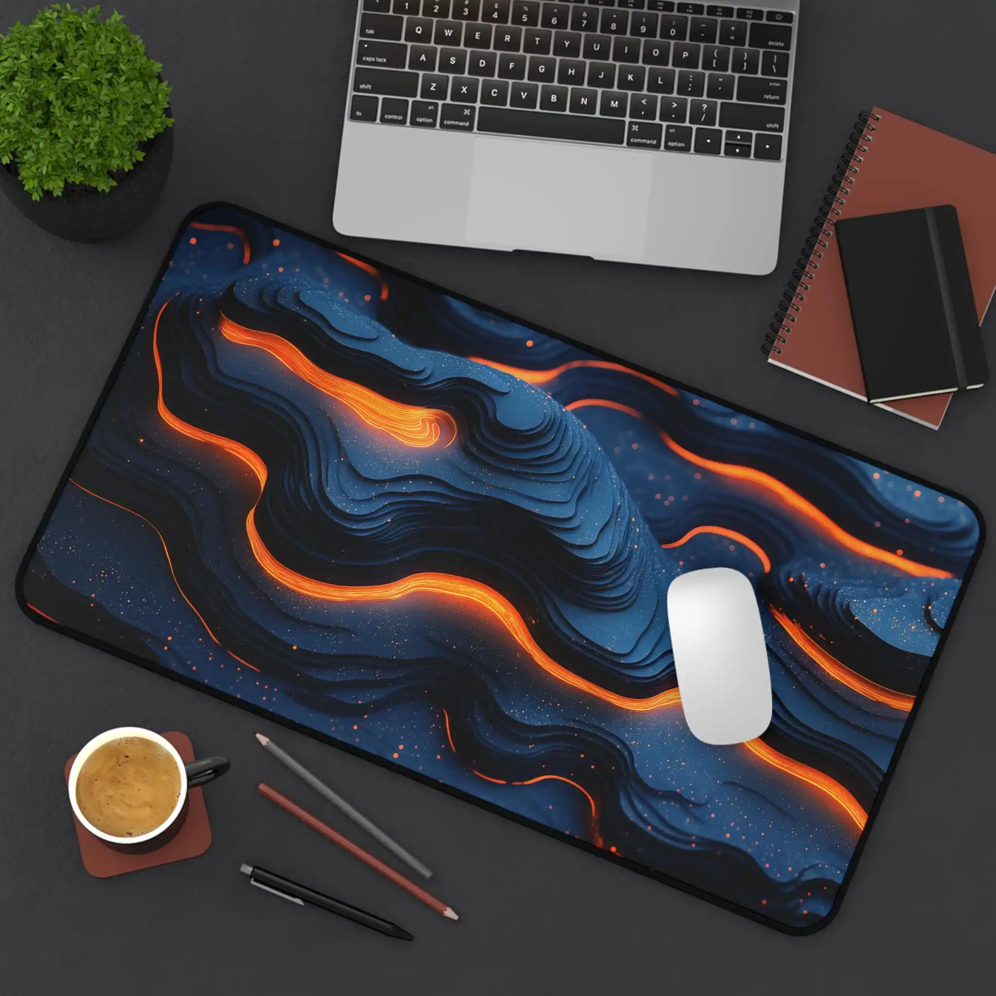 3D Abstract Wave Office Mat Orange Blue Topographic Gaming Mouse Pad Large Modern Style Desk Pad Layers Digital Art XXL
