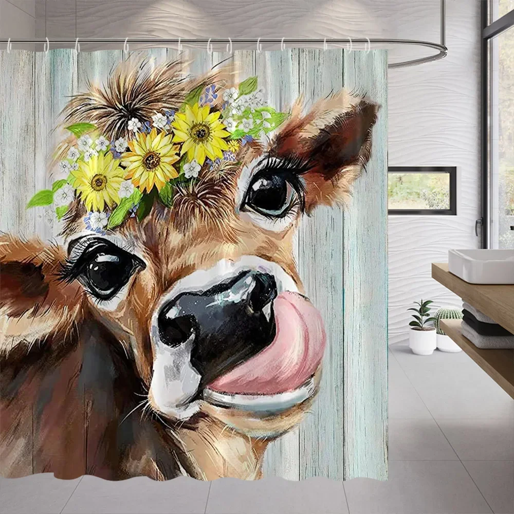 Funny Farm Cow Shower Curtain Rustic Wooden Door Highland Cow Wooden Panel Lavender Flower Cloth Hanging Curtains Bathroom Decor