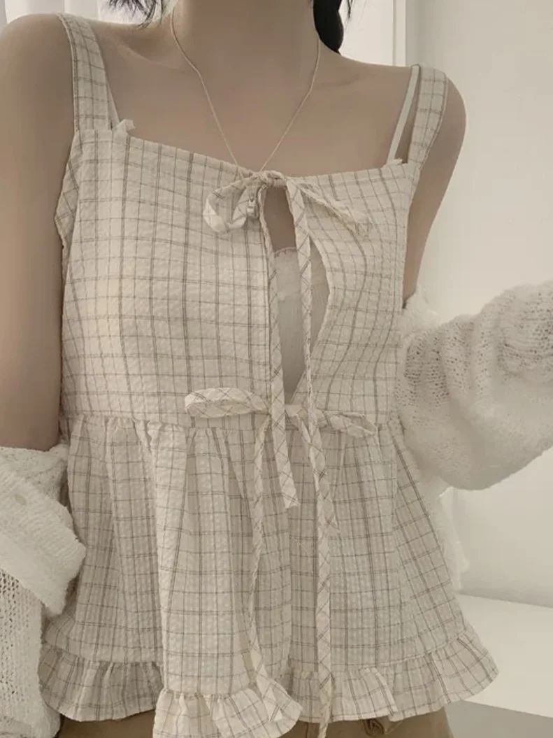 Elegant Summer Vintage Loose Plaid Two-Way Wear Halter Neck Lace Trim Vest Women's Fashionable Bow Tie Gingham Patterned Top