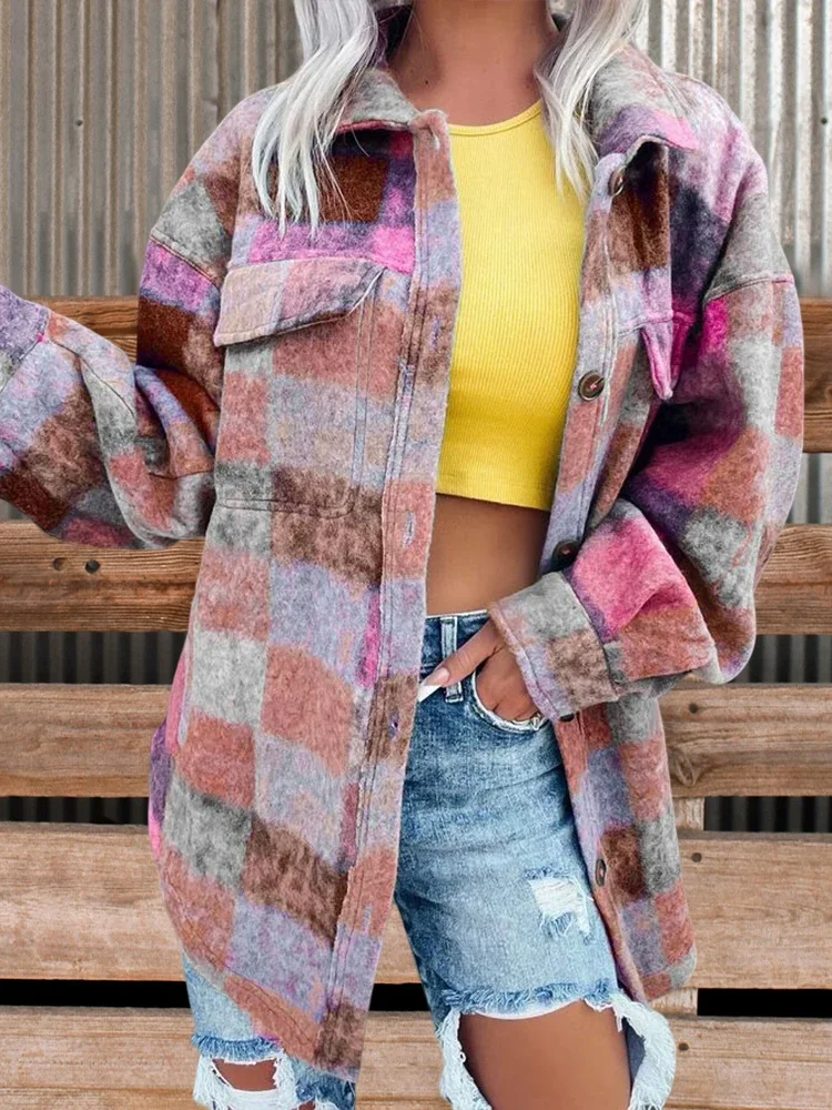 

Casual Check Pattern Pocket Jacket Pattern Cardigan Long Sleeve Pink Tops Coats Winter Clothes Women 2023