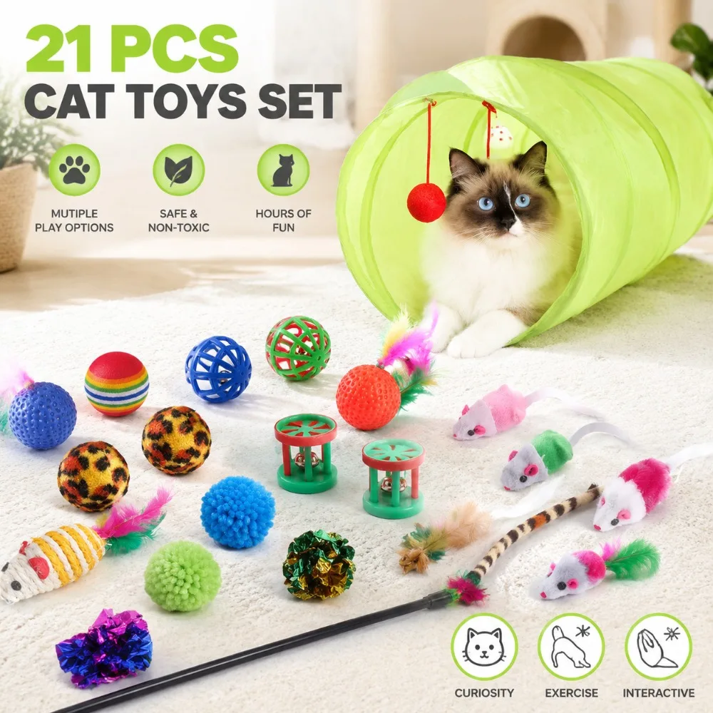 Assorted Pet Catnip Cat Toys Feather Interactive Wand Crinkle Mouse Bell Ball Play Set Durable Entertainment Tools For Indoor