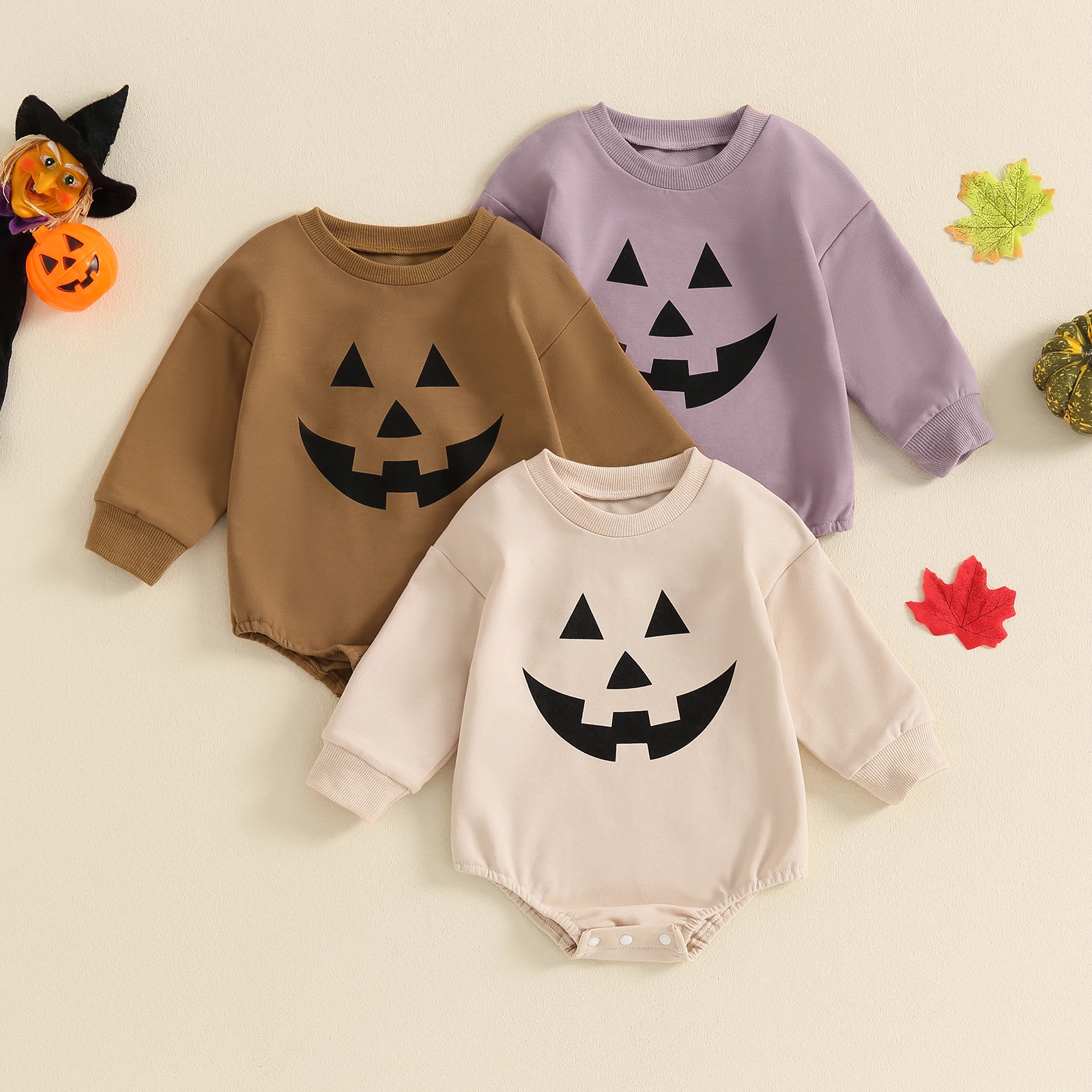 

Cute Baby Girls Boys Halloween Romper Casual Pumpkin Print Round Neck Long Sleeve Bodysuits Jumpsuit Fall Halloween Costume