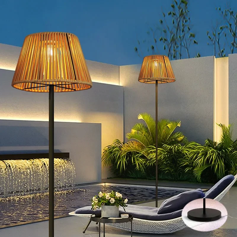 Solar Powered Outdoor Courtyard Lamp High Pole Lighting Lawn Yard Rattan Garden Movable Handheld Floor Lamp