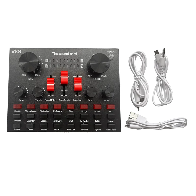 V8S Microphone USB Rechargeable DSP External Mixer Karaoke 3.5Mm Interface Sound Card Portable Live Broadcast Stereo-T44C