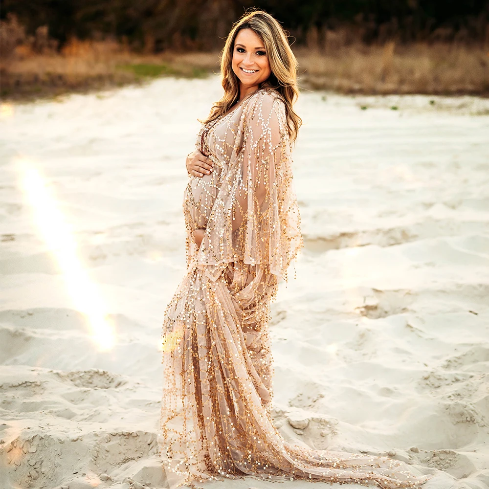 Don&Judy Sequin Maxi Maternity Photo Shoot Dress Boho Evening Party Gown Pregnancy Women Photography Dresses Baby Shower Gift