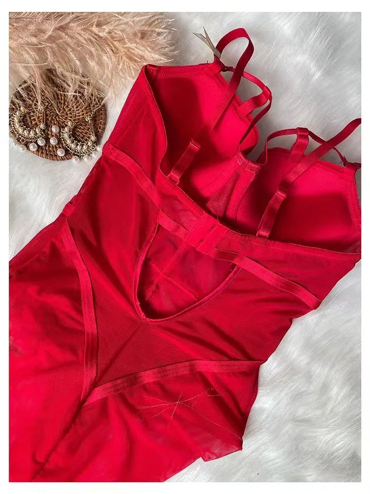 Body de corsé sexy ajustado para mujer, sin mangas, de gasa, con entrepierna abierta, mono corto, lencería de moda, camisola, romper liso
