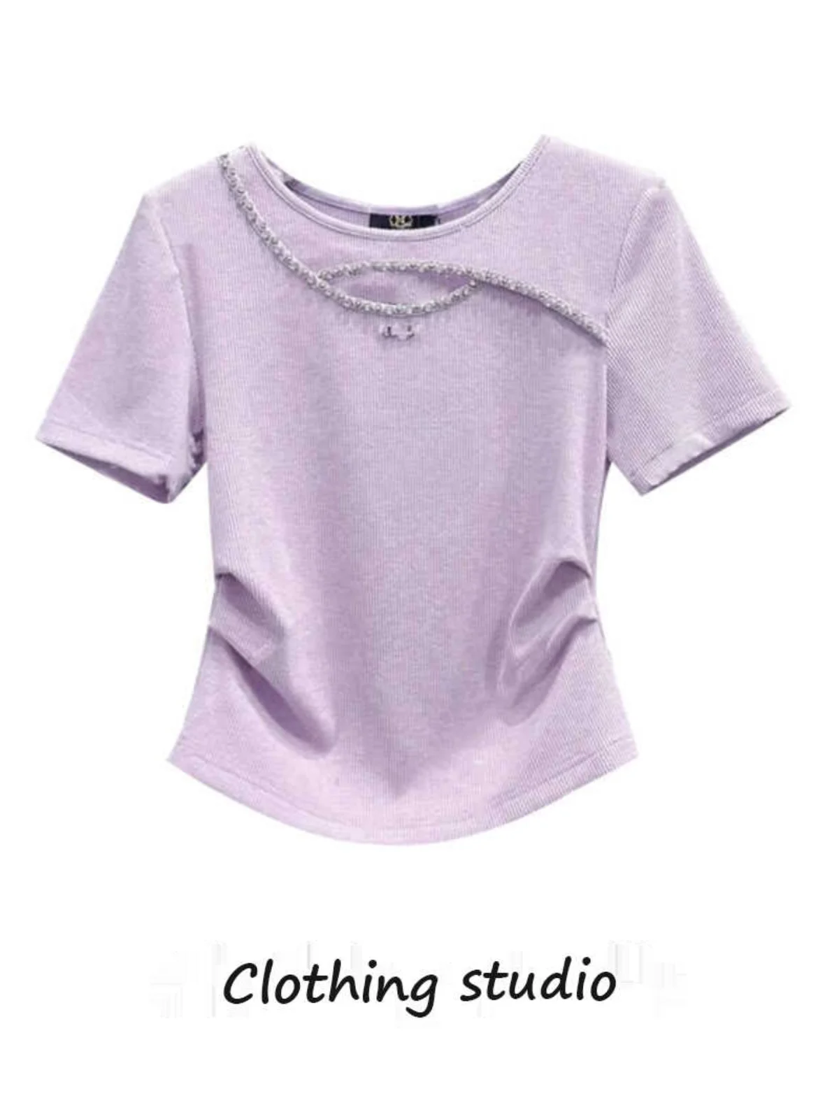 

Faionable ort Sve T-irt Women's Heavy Embellied Cross Hollow out Top Summer Trendy Small Fraance Sle Ins irt