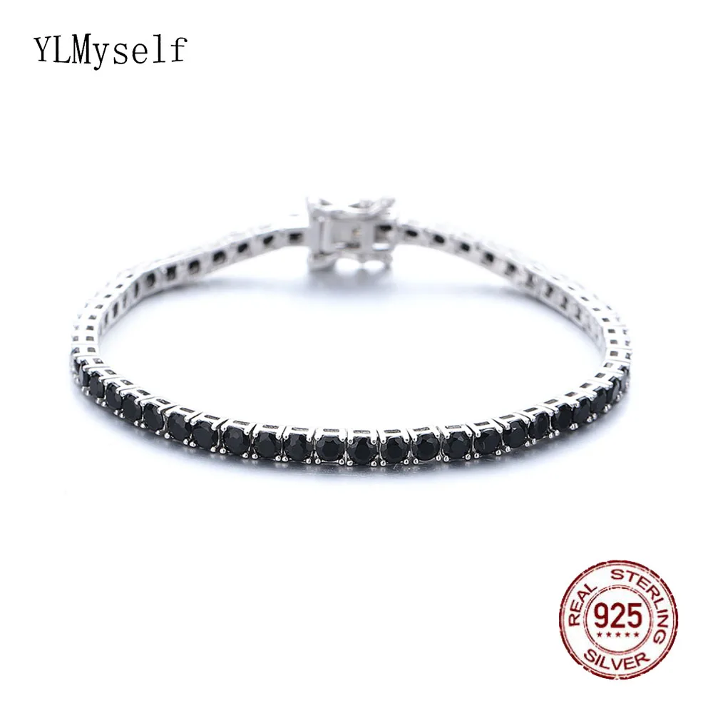 

Real 925 Jewelry Pave Full 3 mm Round Black Cubic Zircon Chain For Women/Men Solid Pure Silver Tennis Bracelet