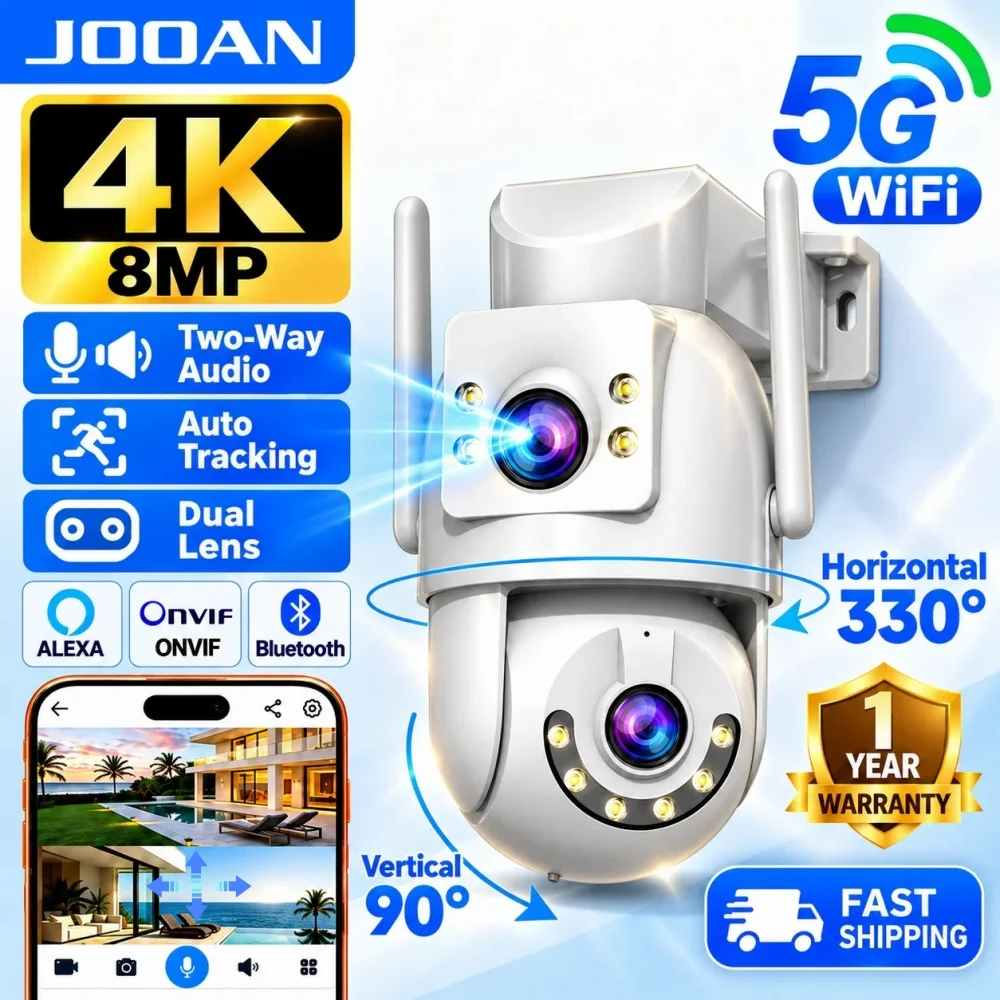Jooan 4K 8MP HD Wifi PTZ Camera Outdoor 5G Wifi Dual Lens Security IP Cameras 5X Zoom AI Tracking ONVIF CCTV Surveillance Camera