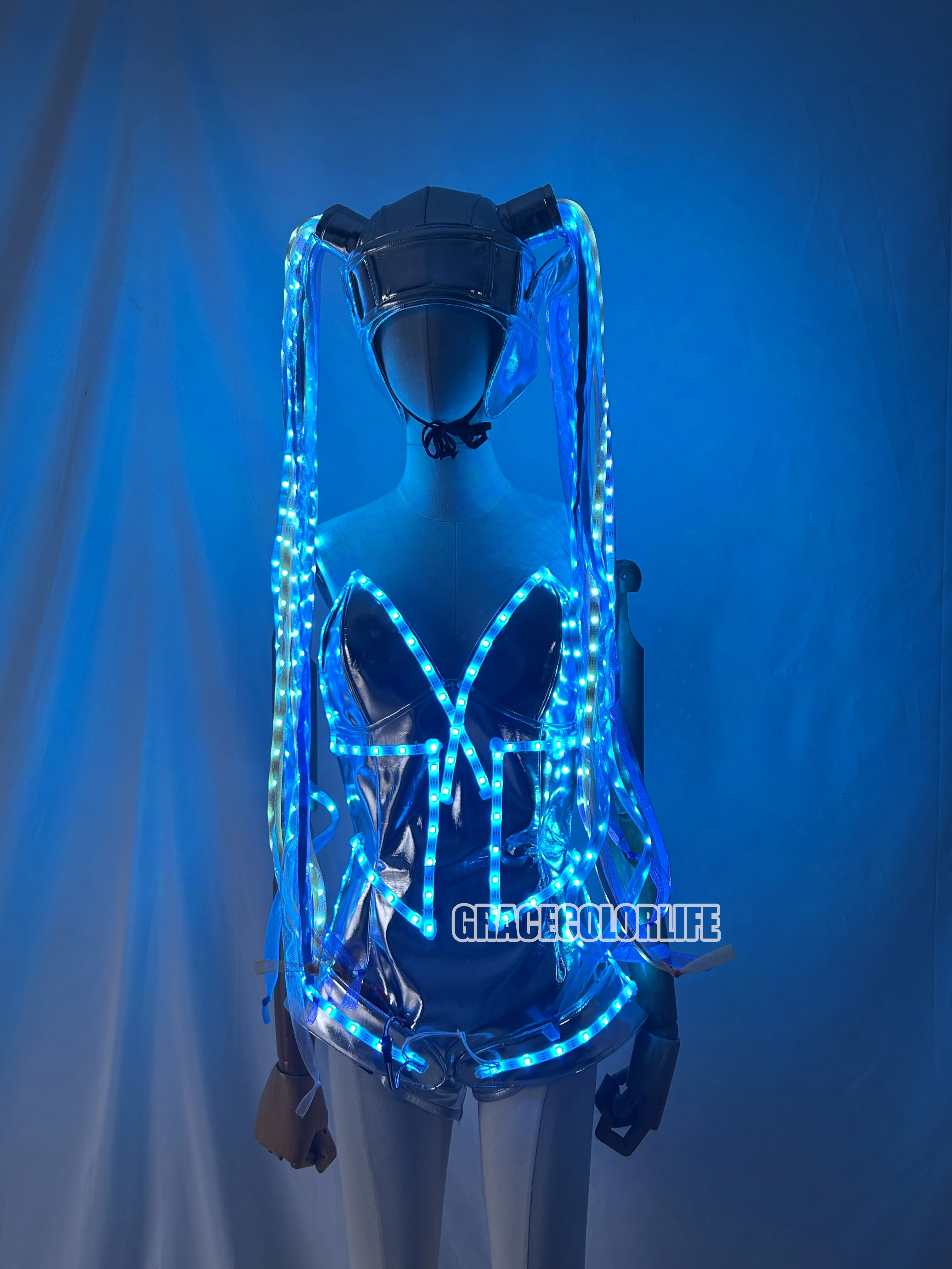 كامل اللون LED بذلة المرأة زي الخيال مضيئة الضفائر الطويلة حفلة تنكرية المرحلة DS أداء الملابس بار DJ ازياء