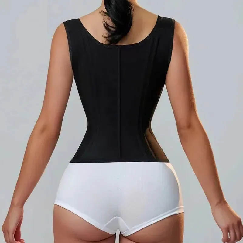 Cross-border high-elastic mesh waist seal 15 bone posture vest model belly drawstring belt zipper breasted retro shapewear top